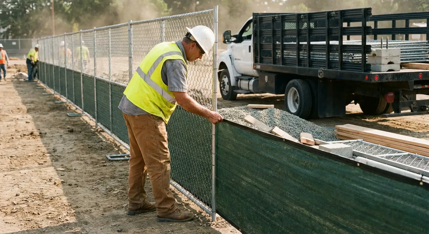 Privacy windscreen installation on construction fence in Vineland, NJ